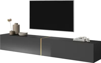 A modern, wall-mounted TV stand with a sleek black finish and a subtle gold accent line.