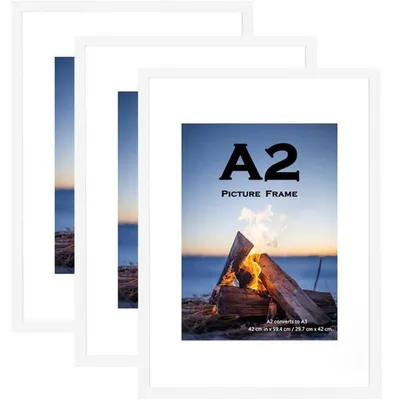 Zdjęcie produktu dla Ramki na zdjęcia drewniane, format A2 (42 x 59,4 cm) z ramką passepartout do formatu A3, kolor biały, zestaw 3 sztuki