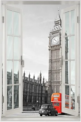 Produktbild von Wallario Wandbild mit Fenster-Illusion: London Red Bus, Größe: 61 x 91,5 cm, Poster mit weißem Aluminiumrahmen
