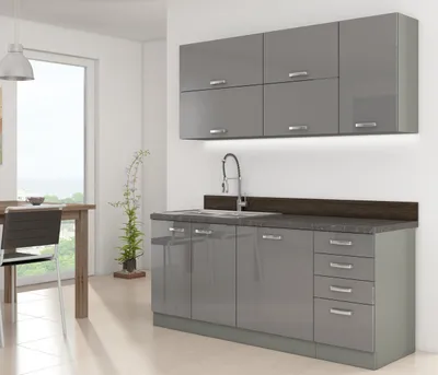 Obrázok produktu pre Kuchyňa do paneláku 180/180 cm RONG 3 - šedá / lesklá šedá + LED, drez, príborník a pracovná doska ZDARMA