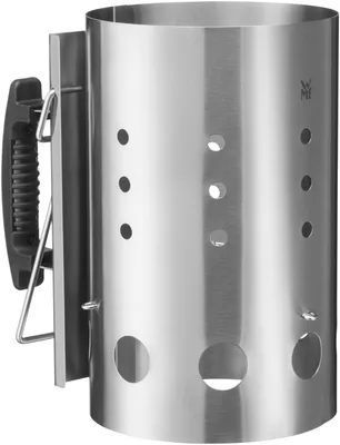 A stainless steel charcoal chimney starter with a black handle.