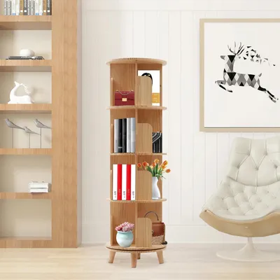 Image de Bibliothèque rotative - Étagère pivotante à 4 niveaux - Rotation à 360° - 50 kg par niveau - Bois - Naturel