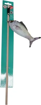 Immagine prodotto di Canna da pesca per gatti AIMÉ, giocattolo interattivo a forma di pesce 15 cm, bastoncino di legno, carta frusciante, erba gatta