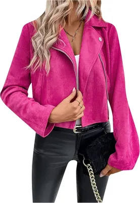 Image de ASKSA Femme Veste de motard en faux daim, manches longues, fermeture éclair, manteau court, vêtements d'extérieur,Rose,M