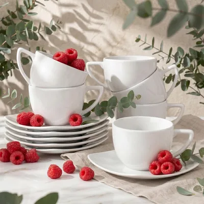 Obrázek produktu pro Konsimo kávový servis a podšálek 6 ks "CARLINA", vhodný do myčky a mikrovlnné trouby, bílý, italský porcelán, 8,5cm/180ml