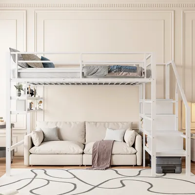 Productafbeelding van AIORBER hoogslaper, 140x200 cm, stevig ijzeren frame, model met planken, voorzien van een veiligheidsladder, kinderbed, wit (zonder matras)