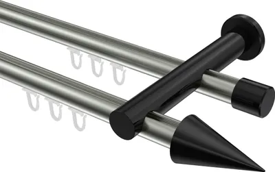 Produktbild von Interdeco Innenlaufstange / Gardinenstange mit Innenlauf Edelstahl-Optik / Schwarz, Typ Platon Savio (Kegel), 20 mm Ø 2-läufig, 320 cm