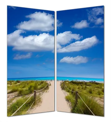 Produktbild von Wallario selbstklebende Duschrückwand 160 x 200 cm mit Motiv Sandweg zum blauen Meer mit blauem Himmel - Wandverkleidung mit Hochglanzlaminat in Glasoptik