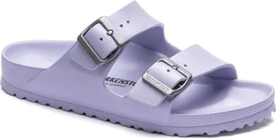 A single Birkenstock Arizona EVA sandal in a light purple color, shown from a diagonal angle on a white background.