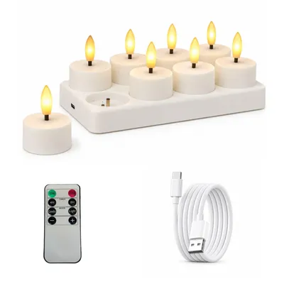 Produktbild von 8er Teelichter mit Timer,Wiederaufladbar mit Ladestation und Fernbedienung,Led Kerzen Flackernde Flamme für Weihnachtsdekoration,Zimmer,Wohnzimmer
