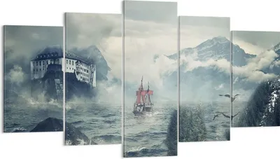 Produktbild von Bild auf Leinwand - Leinwandbild - 5 Teile - Sturm Berge Segelschiff - 160x85cm - Wand Bild - Wanddeko - Wandbilder - Leinwanddruck - Bilder - Wanddekoration - Leinwand bilder - EA160x85-4208