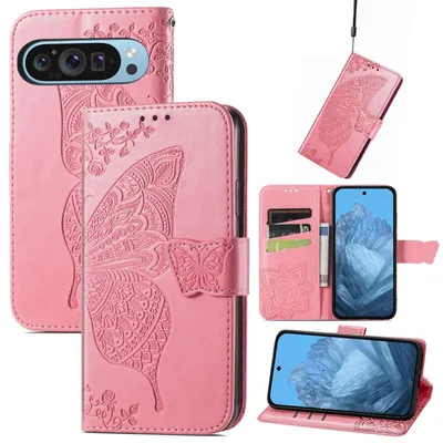 Obrázek produktu pro Pouzdro na mobilní telefon Google Pixel 9 / 9 Pro z umělé kůže ve stylu peněženky s motivem motýla, růžové