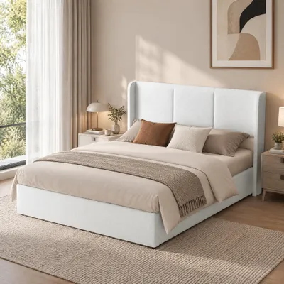 Productafbeelding van INONEFT Boxspringbed 140x190 cm met hydraulische opbergruimte, gestoffeerd bed met opbergruimte, dubbelbed met lattenbodem, linnen, beige