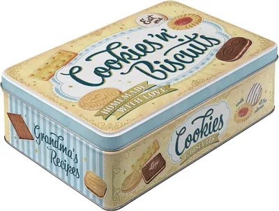 A rectangular tin box with a vintage design, featuring illustrations of cookies and text related to baking.