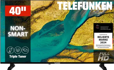 A TELEFUNKEN 40-inch non-smart Full HD LED TV is displayed with a scenic background image on its screen. Promotional text and logos are overlaid on the image.