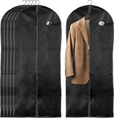 A set of black garment bags are shown on the left, and one garment bag with a suit jacket inside is shown on the right.