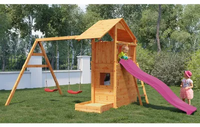 Produktbild von Spielturm Smart 7 teakfarben inkl. Rutsche pink