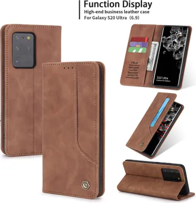 Produktbild von Galaxy S20 Ultra Hülle, LaimTop Retro Kunstledertasche Schutzhülle mit Kartenfach Standfunktion für Samsung Galaxy S20 Ultra Braun