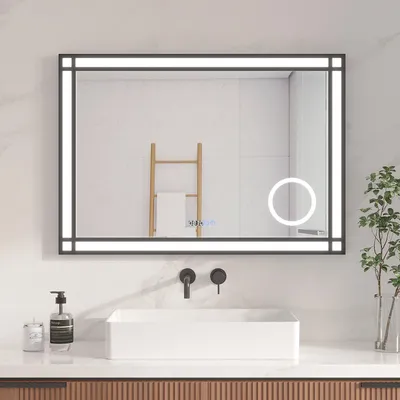 Produktbild von LED Badspiegel 100x70cm Beleuchtung Badezimmerspiegel 3-fache Vergrößerung, Wandspiegel mit Uhr, Touch, Dimmbar, Kaltweiß Licht, Beschlagfrei