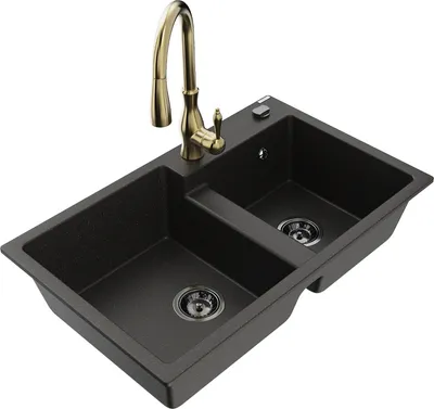 Produktbild von Mexen Tomas 2-Becken-Granitspüle mit Mischbatterie Savita, Schwarz/Gold metallisch - 6516-75-672601-50-B