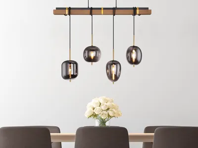 Produktbild von Globo Lighting Hängeleuchte Metall schwarz matt, Holz braun, Glas, Kabel Textil Schwarz, Höhe kürzbar, 4 unterschiedliche Gläser, LxBxH: 1000x185x1400mm, exkl. 4x E14 40W 230V