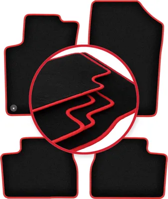 Image de tapis de sol en velours pour Peugeot 207 (2006-2012) noir avec bordure rouge
