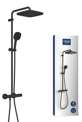 Duschsystem 25 cm Kopfbrause, Handbrause, Thermostat, Matt Schwarz