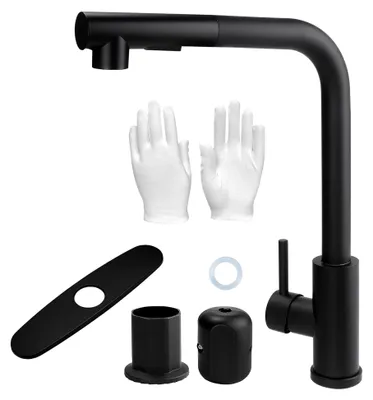 Produktbild von Küchenarmatur Schwarz, Ausziehbare Küchenarmatur mit Brause, Niederdruckarmatur für die Küche, Spültischarmatur, Mischbatterie, Ausziehbarer Wasserhahn, Küchenwasserhahn aus Edelstahl