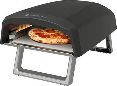 Produktbild von KitchenBrothers Pizzaofen - Gas - Tischmodell - Klappbar - Pizzastein - Doppelbrenner - Pizzamaker - Pizzaofen für Draußen - Schwarz/Grau