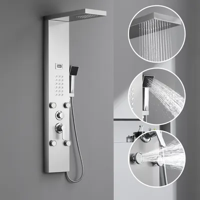 Produktbild von Auralum Duschpaneel-System Edelstahl Duschpaneel mit 4 Massagedüsen, Regendusche, Handbrause, Duschsystem Dusche Duschsäule Duschset