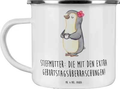Produktbild von Mr. & Mrs. Panda Emaille Becher Stiefmutter Überraschungen - Weiß - Geschenk, Teetasse, Familienmitglieder, Familie Verwandte, Tasse, Feiern, Haferl, wandertasse, Pott