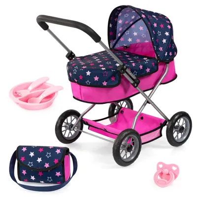 Produktbild von Bayer Design 12216AB Puppenwagen Smarty mit Tasche, Puppenzubehör, Schnuller, Teller, Besteck, Schnuller für Rollenspiele der Kinder