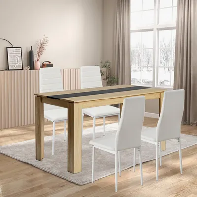 Productafbeelding van Eettafel met 4 stoelen, eikenhout, zwart/wit, 140 cm