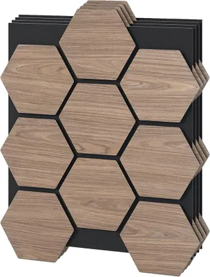 Productafbeelding van 3D Akoestische panelen, set van 4, 81 x 66 cm. Wandpanelen met zeshoekige houten platen en akoestisch schuim, geluidsabsorberende wandbekleding voor wand en plafond