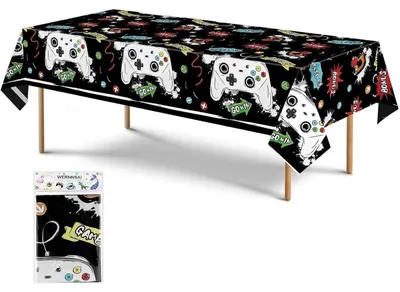 Productafbeelding van Videogame tafelkleed, 137x274 cm, zwart, geschikt voor verjaardagsfeestjes en themafeesten met een gaming-thema