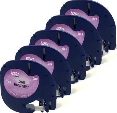 Produktbild von DULA Etikettenband - Kompatibel mit Dymo LetraTag 12267 / S0721530 - 5 Stück - Schwarz auf transparentem Kunststoff - 12mm x 4m