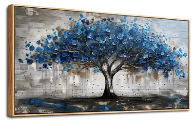 XXL Wandbild mit Rahmen, Blauer Baum, 73x146 cm, Leinwand