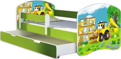 Produktbild von ACMA Jugendbett Kinderbett Junior-Bett Komplett-Set mit Matratze Lattenrost und Rausfallschutz Grün 20 Bagger 140x70 + Bettkasten