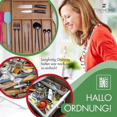 Produktbild von Famanu Besteckkasten-Organizer mit verstellbaren Fächern - 33-55 x 43 x 5 cm - aus Bambus
