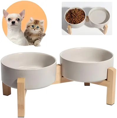 Produktbild von PolkaHome® Doppeltes Keramik-Hundenapfset mit rutschfester Bambushalterung, erhöhte Näpfe für Futter und Wasser, für Katzen und kleine