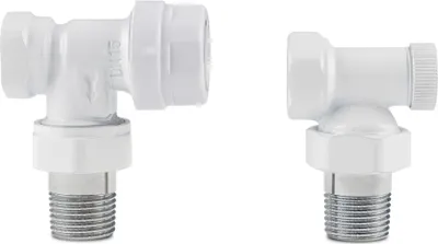 Two white radiator valves are shown against a white background.