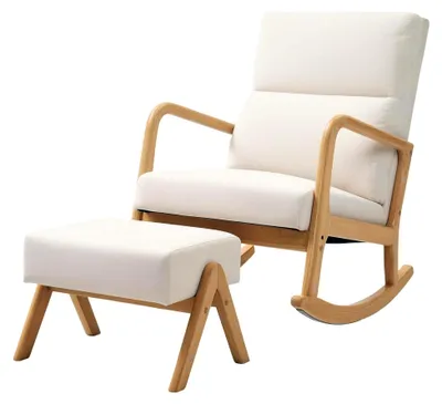 Produktbild von Schaukelstuhl mit Hocker, Relaxsessel in Leinenoptik - Schaukelsessel mit Holzbeinen, Schwingsessel für Schlafzimmer und Wohnzimmer, bis 150 kg belastbar, Cremeweiß