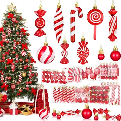 Produktbild von 96 Pcs Christmas Tree Ornaments Candy Ball Ornaments Bulk Hanging Glitter Candy Cane Ornaments Christmas Tree Peppermint Swirl Lollipop Decorations for Xmas Party Home Decor(Red and White)