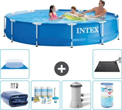 Produktbild von Intex-Schwimmbecken mit rundem Rahmen – 366 x 76 cm – Blau – im Lieferumfang enthalten Sonnensegel - Wartungspaket - Filterpumpe für Schwimmbad - Filter - Bodenplane - Solarmatte