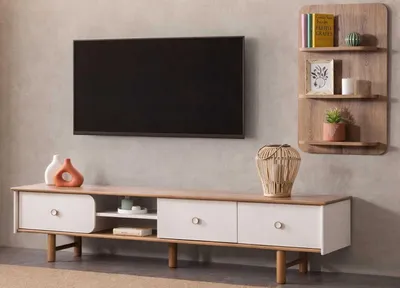 Immagine prodotto di Mobile TV con scaffali per soggiorno, stile moderno, colore marrone e bianco, nuovo, in legno