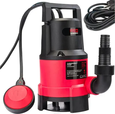 A red and black submersible pump with a float switch and power cord is shown against a white background.