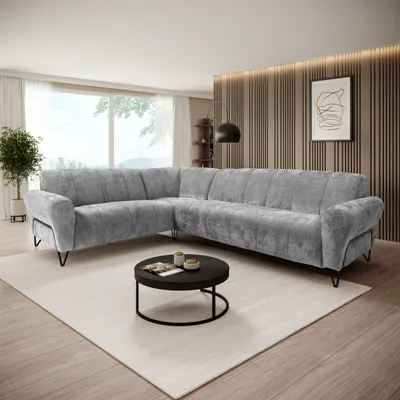 Obrázek produktu pro Rohová pohovka Beautysofa 295 cm, moderní pohovka, pohovka s černými kovovými nohami – provedení s pravým rohem, čalouněný roh, VOLARE L – tvar, šedá Vega 13