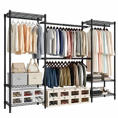 Produktbild von Mondeer Kleiderständer mit Teleskopstangen , 6 Ablagen, 4 Kleiderstangen, bis 70 kg pro Ebene, 40 x (183–234,5 cm) x 180cm Schwarz