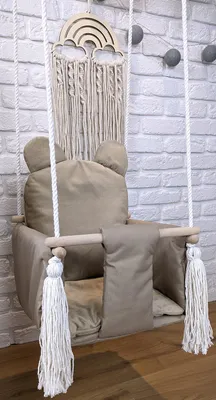 Produktbild von Süße Kinderschaukel  für Kinderzimmer Babyschaukel mit Spielzeug Schaukelsitz Schaukel Holz Stoff Schaukelsitz  Hängesessel  Geschenk Kinderzimmer Draußen Drinnen Süß Teddy Bear