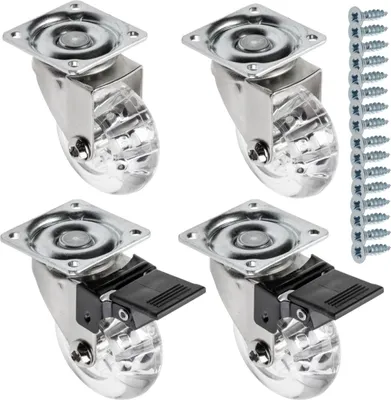 Immagine prodotto di GTV - Ruote per mobili BRAZIL, ruote girevoli, set di 4 ruote per mobili: 2x ruote con freno, 2x senza freno, in acciaio e gomma, +16 viti coniche 4x17, diametro: 50 mm, colore: trasparente